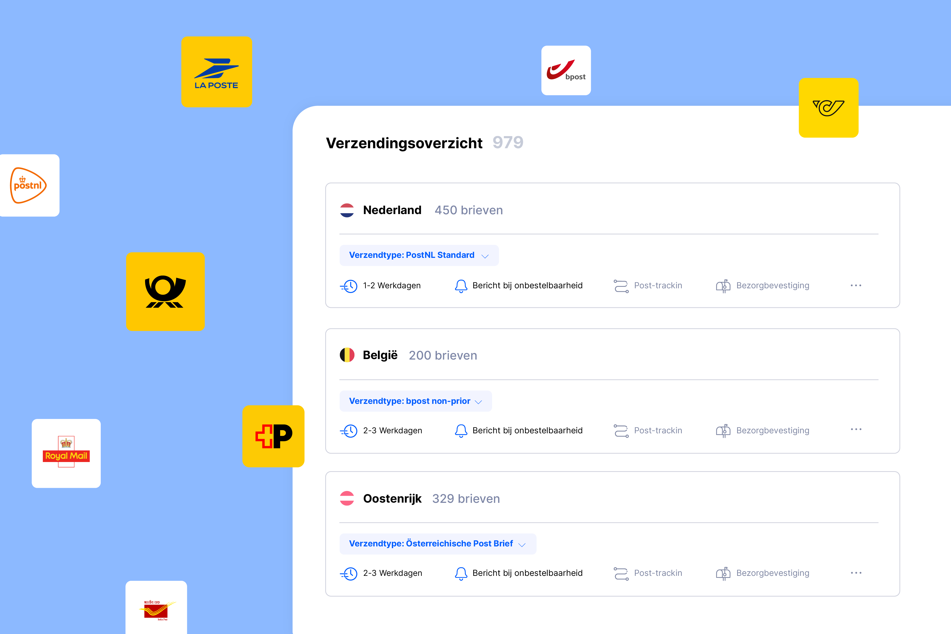 Pingen verzendoverzicht met zwevende postlogo’s