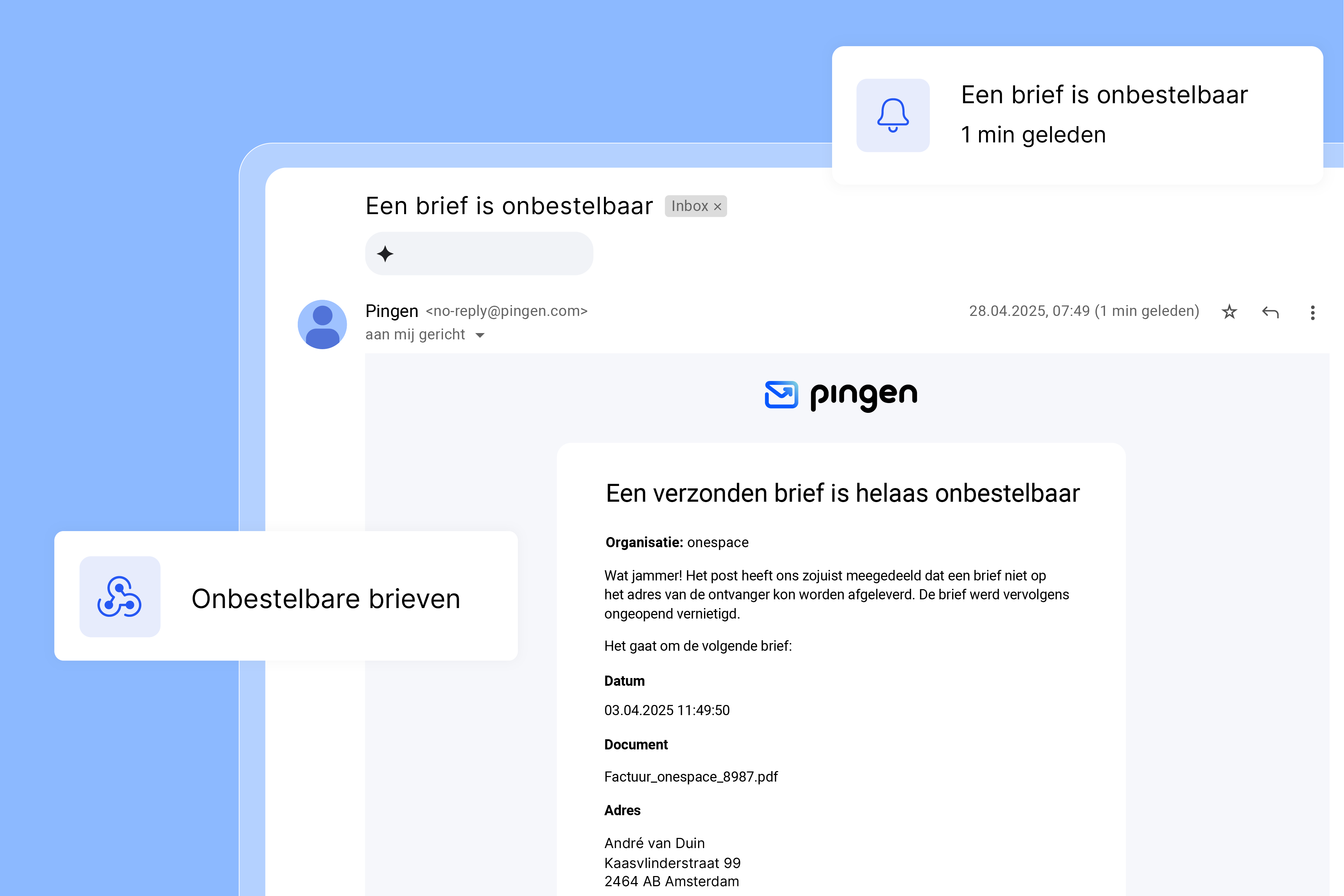 E-mailmelding van Pingen over onbestelbare post