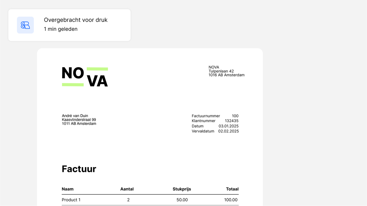 Factuur in de Pingen-webapp met melding