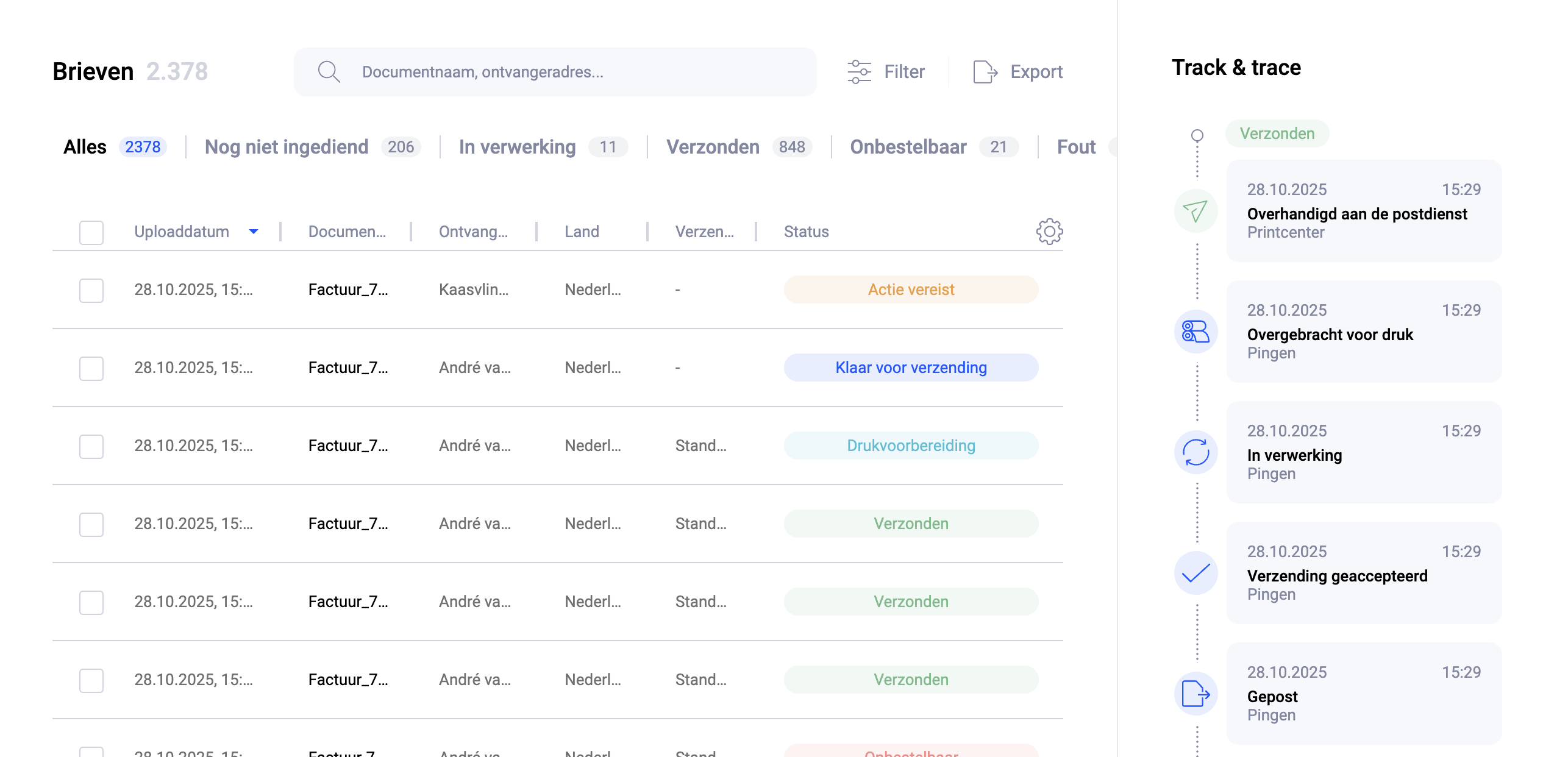 Pingen WebApp toont realtime trackingstatus