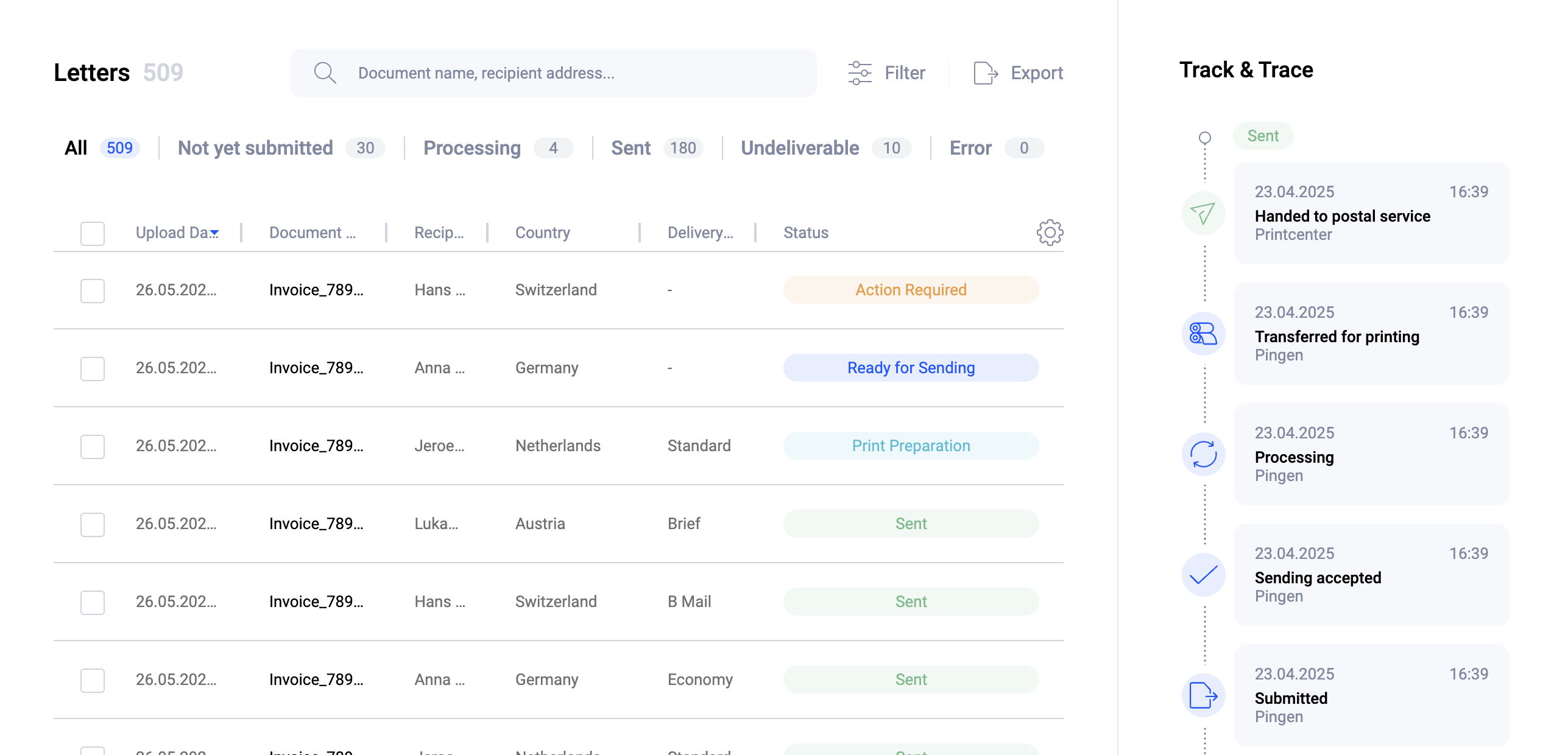 Pingen web app showing real-time tracking status