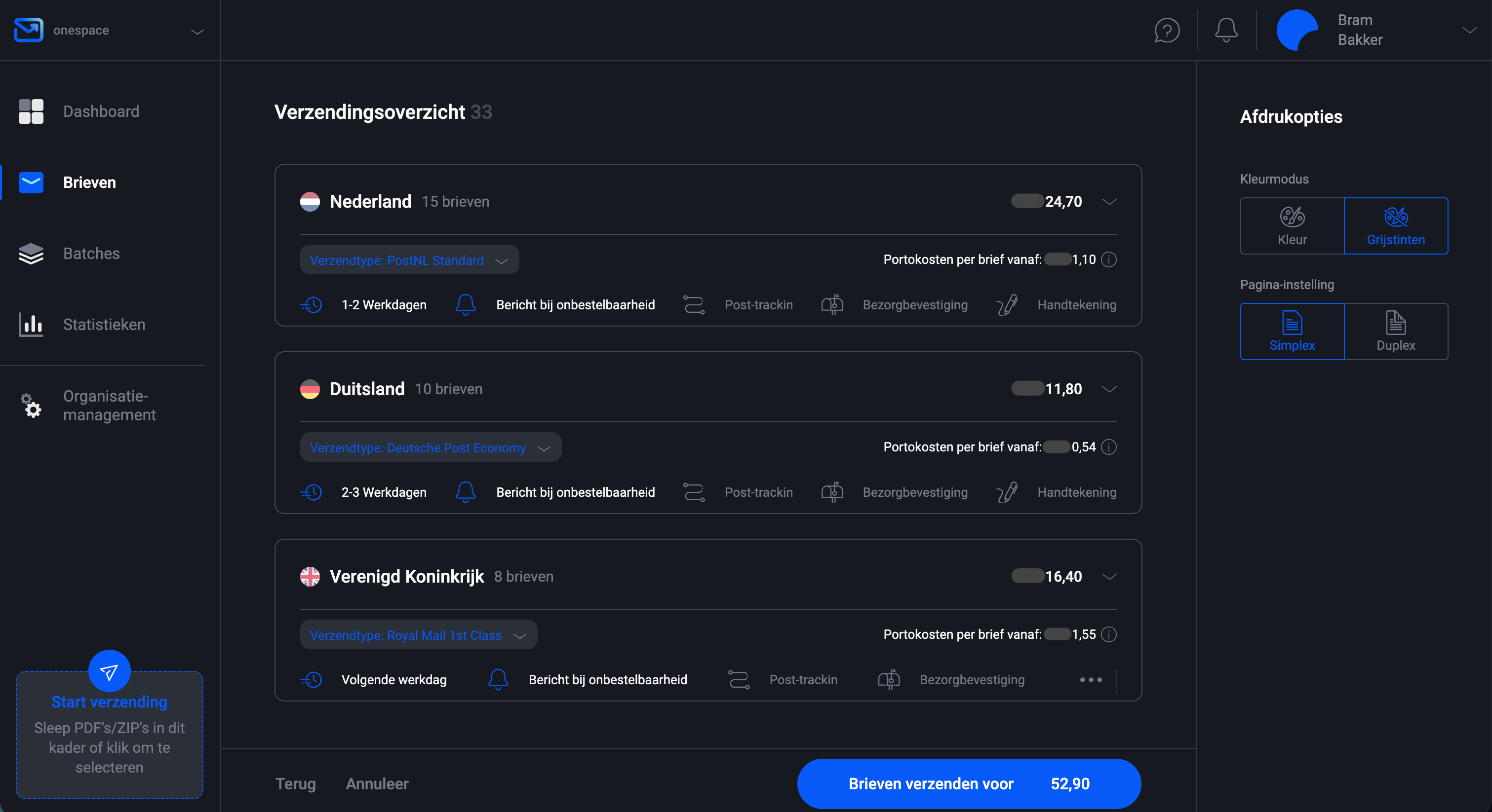 Verzendingsoverzicht van brieven in de Pingen-webapp