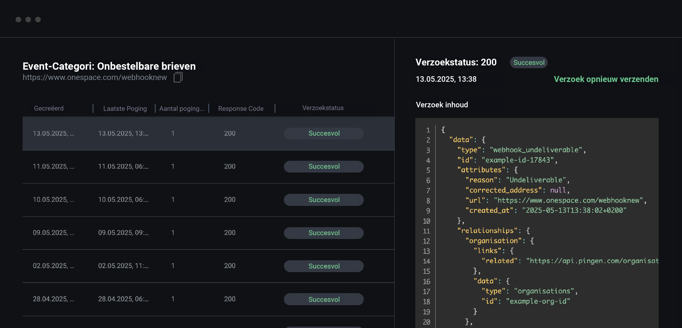 Pingen-webhooksdashboard met details van een onbestelbare postgebeurtenis, JSON-payload en successtatus