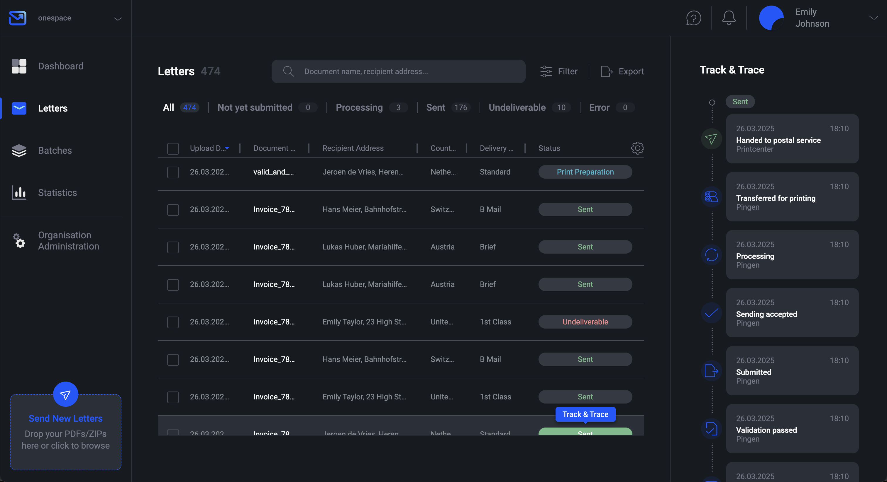Pingen WebApp showing real-time tracking status