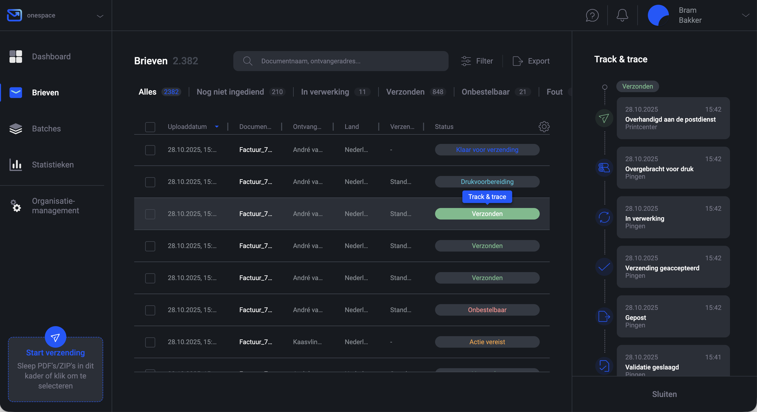 Pingen WebApp toont realtime trackingstatus